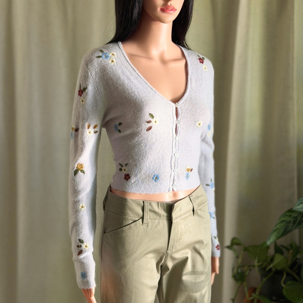 Zara Floral Embroidered Cropped Cardigan Lilac Wool Alpaca Blend Cottagecore L